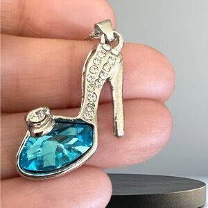 Silver High Heel Pendant Necklace w/Blue Crystal Stiletto Heel Charm, Mom Gift